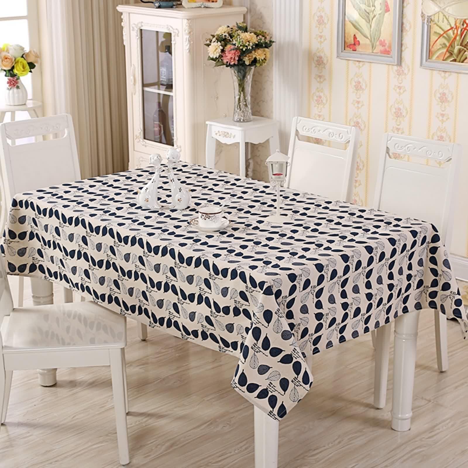 Nappe rectangulaire coton bleu imperméable anti-tache pour table à manger et extérieur