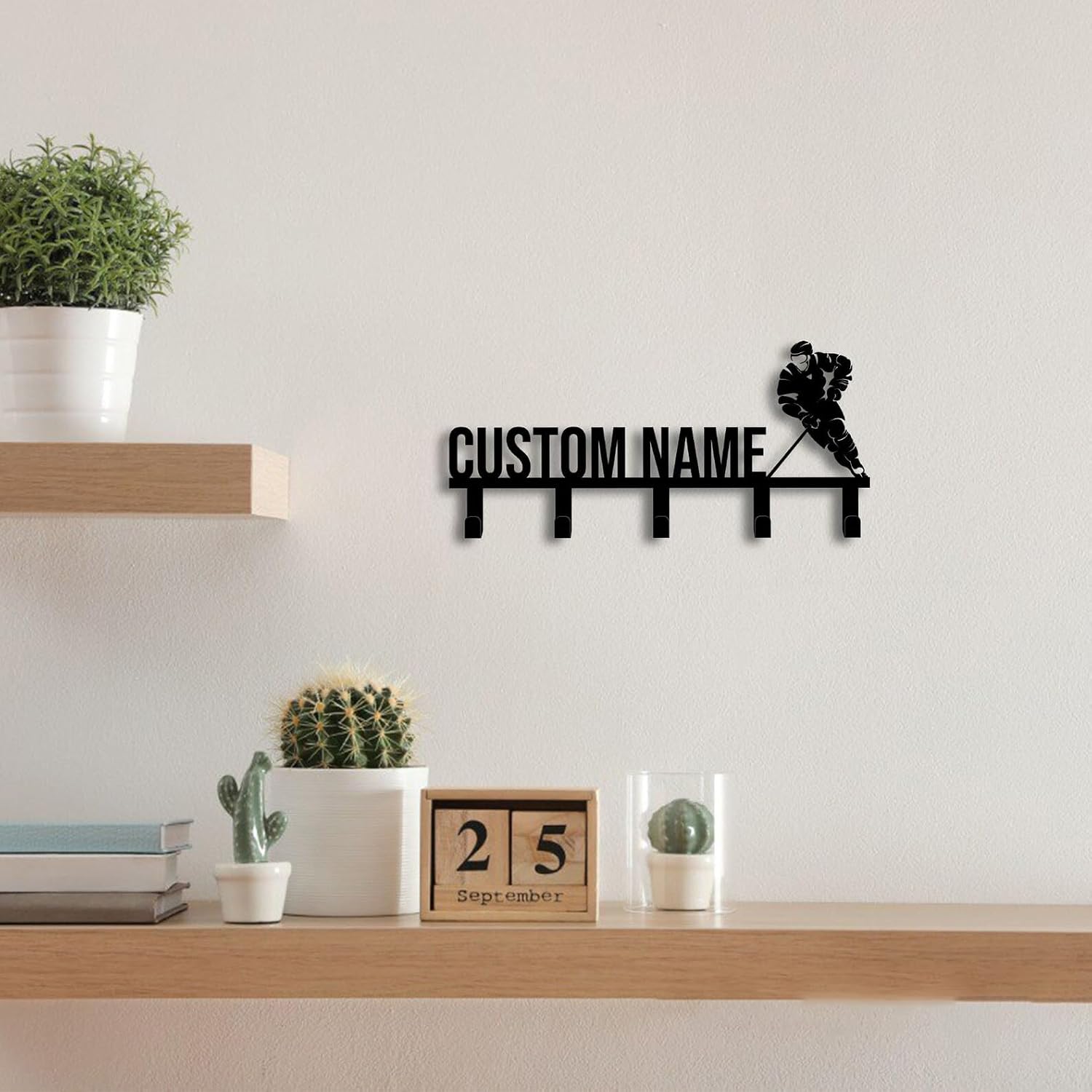 Hockey Player Metal Key Rack – Custom Hockey Key Holder and Entryway Coat Hook Organizer for Sports Room or Wall Display (Hockey Key Holder)