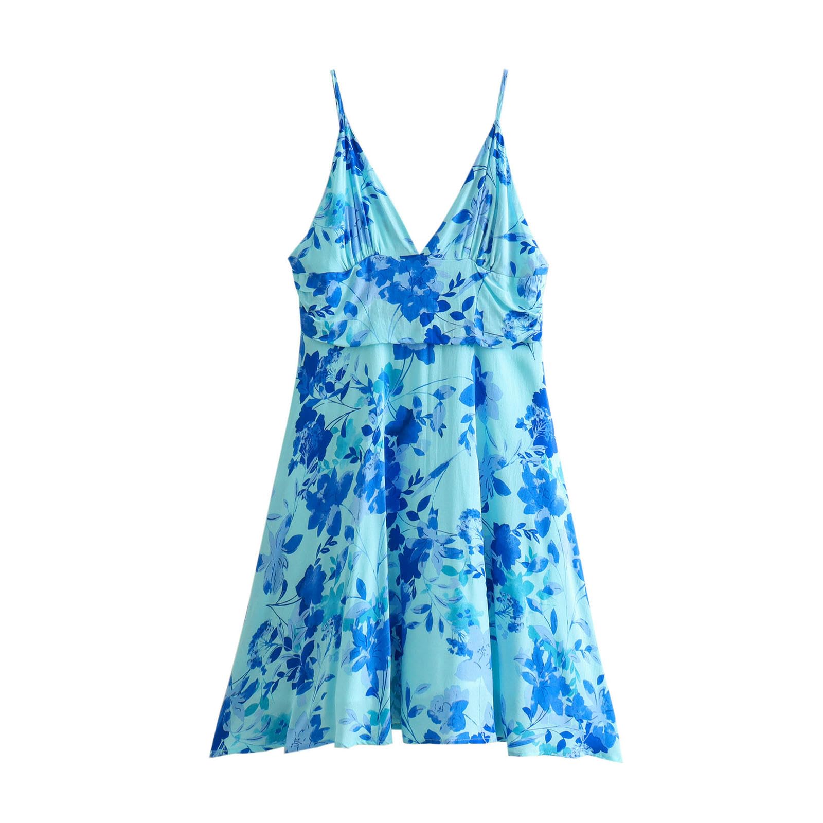 Robe d'été à bretelles pour femmes style vacances fleurs bleues taille XS fluide chic