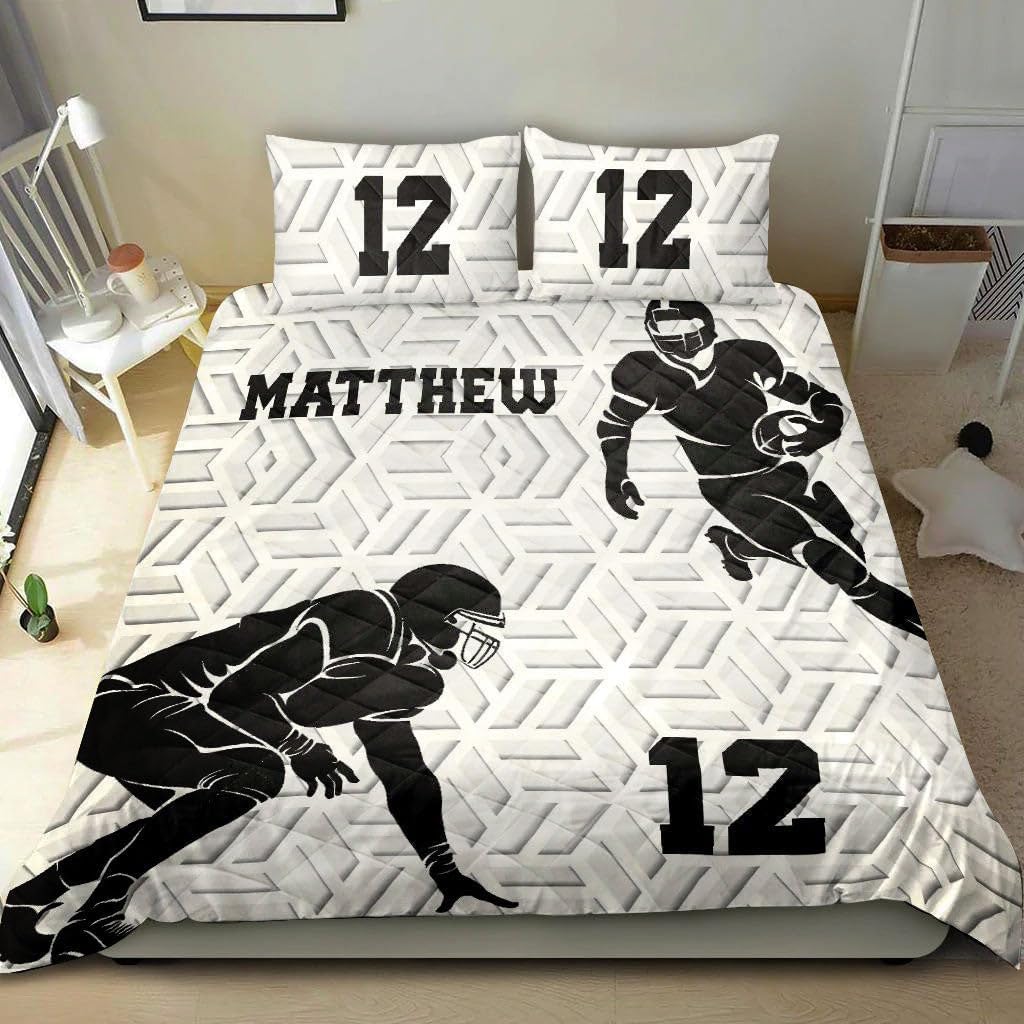Personalized Football Quilt Set, America Football Boy 3D White Quilt Blanket with Pillowcases, Custom Name and Number Quilt Bedding Set MLANH2839