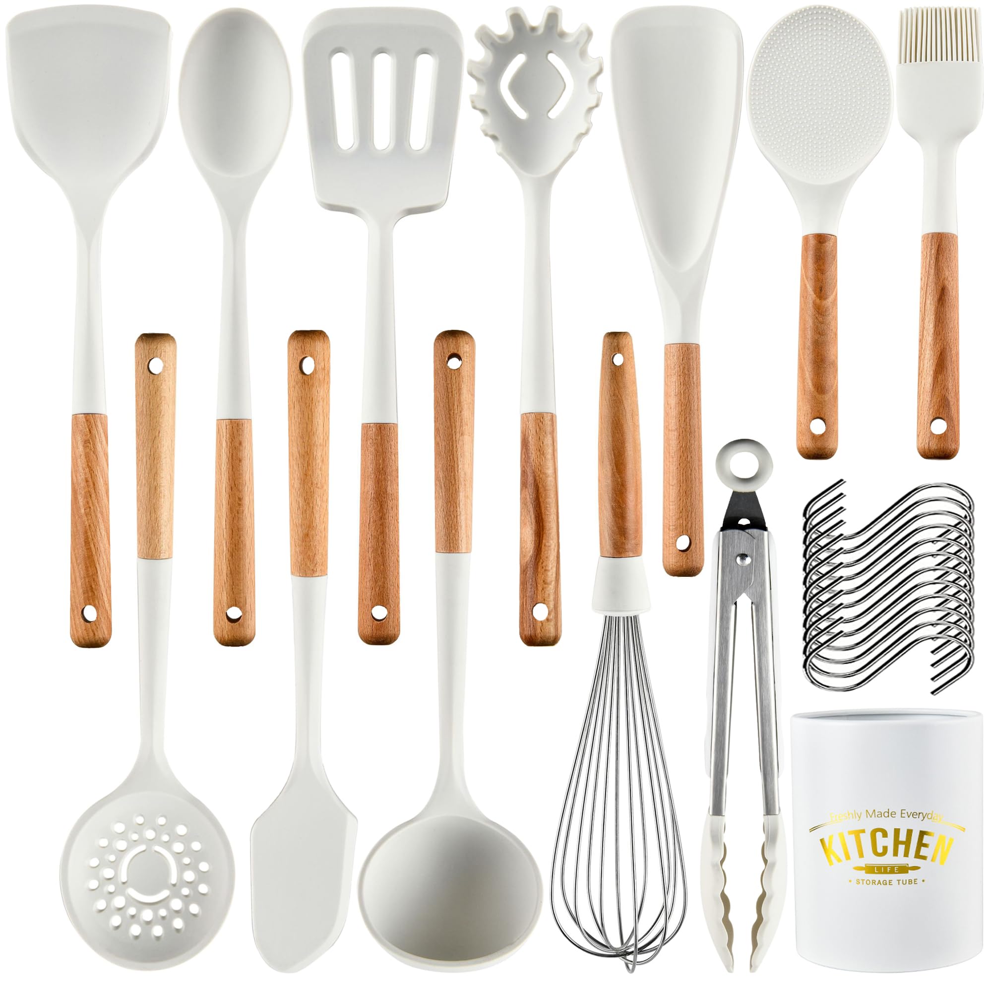 Silicone Kitchen Utensils Set,446°F Heat Resistant 13 Piece Wood Handle For Non-stick Cooking Set (BPA Free) Turner,Tongs,Spatula,Spoon,Brush,Whisk -White
