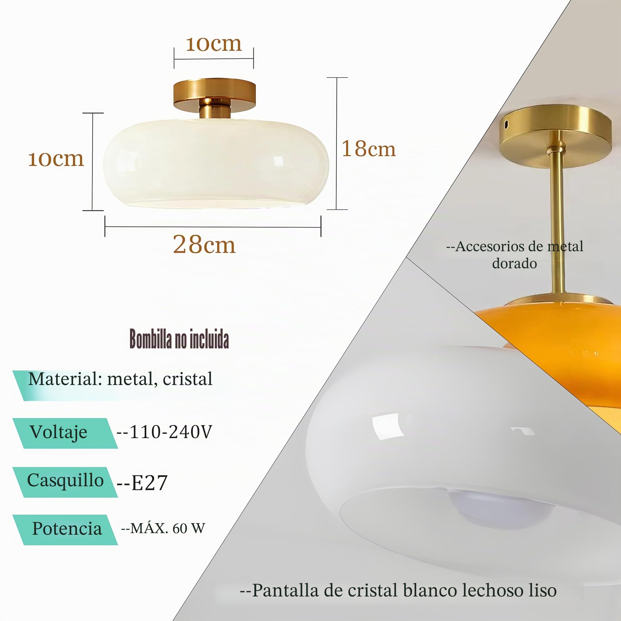 Lámpara de Techo Moderna, Pantalla Redonda de Vidrio de 28cm con Base Metálica Dorada, Lámpara de Araña E27, Iluminación para Pasillos, Dormitorios, Comedores, Cocinas (Blanco crema, H15cm)