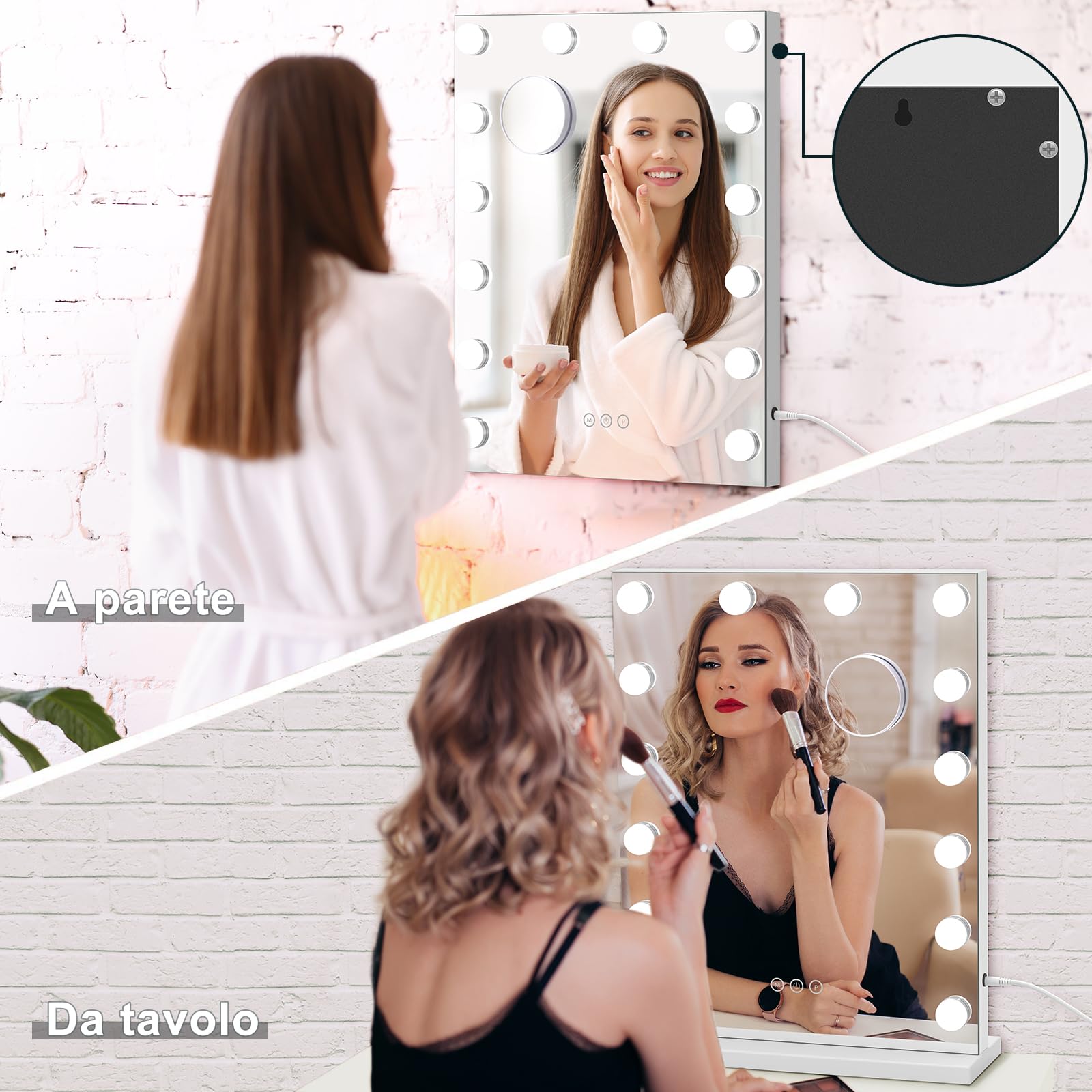 Moziel 40x52cm Specchio da Trucco con Luci, Specchio Hollywood da Tavolo o da Parete con Lampadine a 14 Led Tre Colori di Luce e Funzione di Luminosità Regolabile