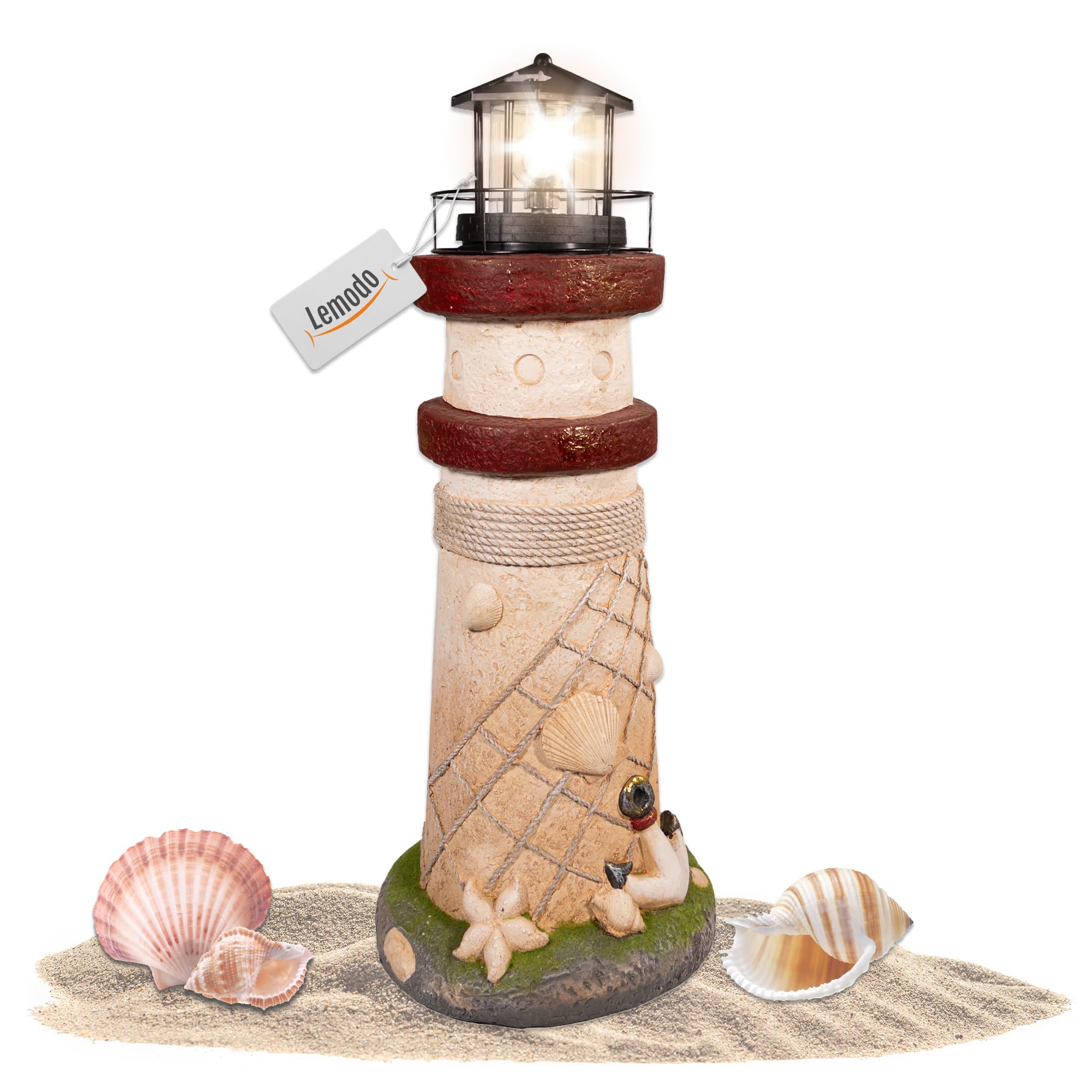 NATIV LEMODO Gartendeko Leuchtturm 81 cm hoch | Handbemalte Gartenfigur mit solarbetriebenem, rotierendem Leuchtfeuer | Maritime Außendeko mit LED Beleuchtung