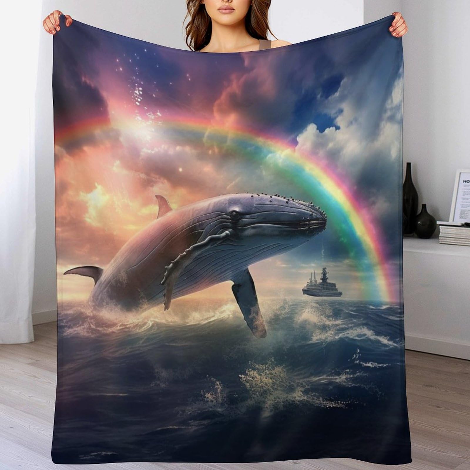 Couverture motif baleines anti-froid en polaire légère pour canapé et lit froid