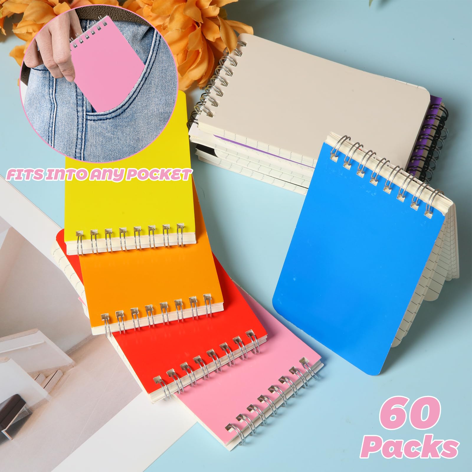 Lot de 60 petits carnets de poche de 7,6 x 12,7 cm, 10 carnets colorés de 60 feuilles à spirale, mini bloc-notes de poche avec pages lignées pour la maison, l'école, le bureau, le travail