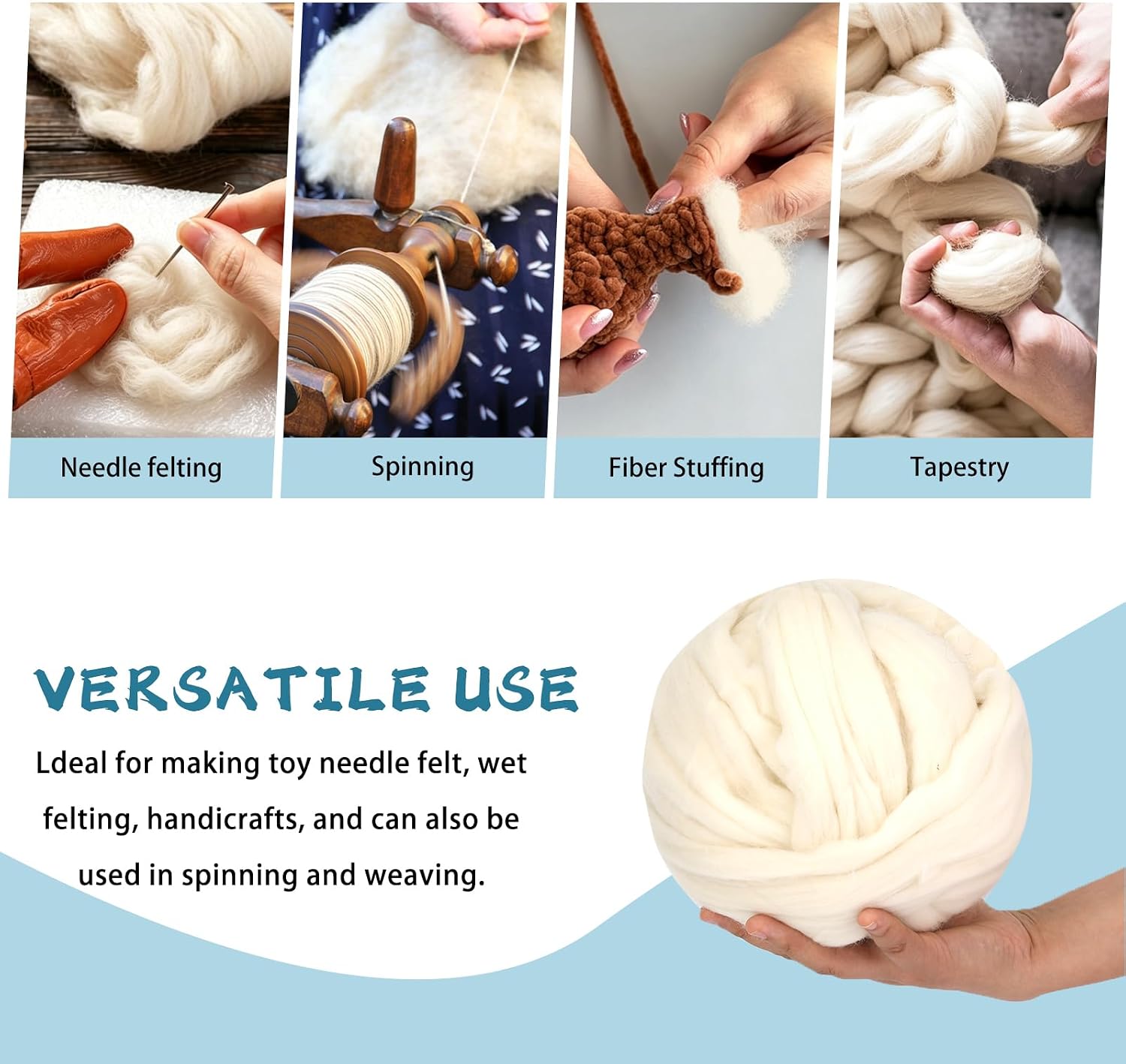 Wonvoc Core Wool for Needle Felting, 8 OZ White Merino Wool Roving, Soft Felting Wool for Wool Dryer Balls, Needle Felting Supplies, Chunky Yarn, and Wet Felting, White