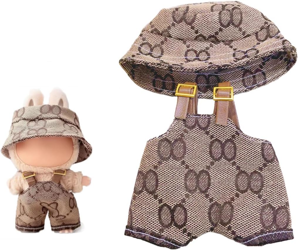 17cm Clothes Set(No Doll), Hat & Overalls Set for 17cm Dolls Clothes Accessories Suit, Cute Clothing for labuu Dress up(Tan)