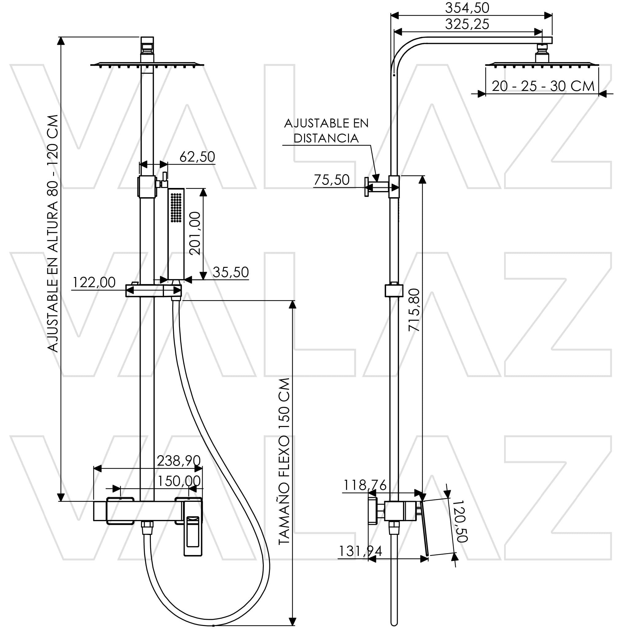 VALAZ Columna Ducha Monomando Cromado | Mezclador Agua Fría y Caliente, Ahorro de Agua | Instalación Fácil | Barra Ducha Cuadrada, Inoxidable, Rociador 20cm Cuadrado, Longitud 80-120 cm, Serie Cabrera
