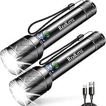 REHKITTZ Torch, LED Rechargeable Torches(Built-in Large Capacity Battery) 2200 Lumen Super Bright Flashlight with Power Display,Long Working Time,Aluminum Alloy,5 Light Modes,Zoomable Torch（2 Pack）