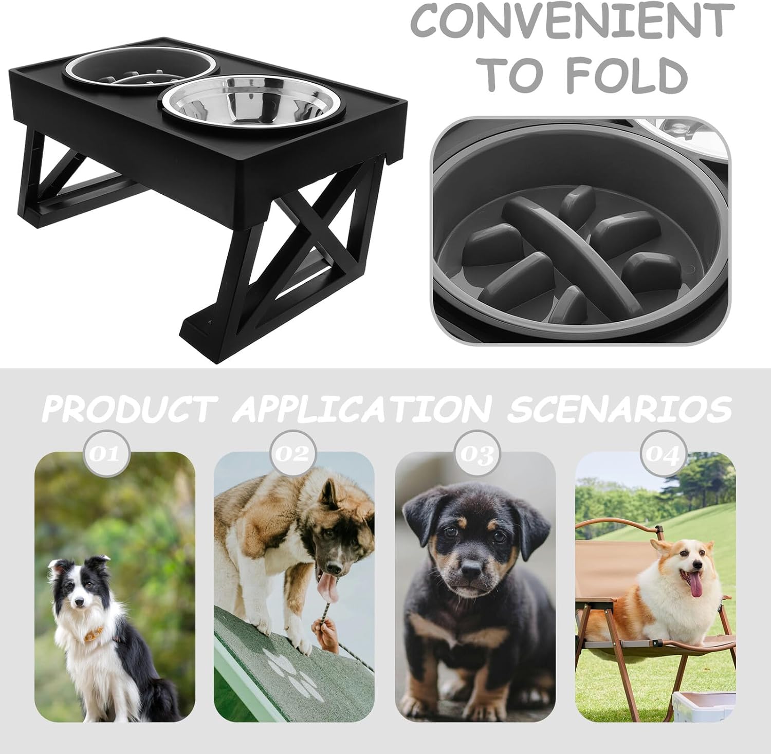 BESPORTBLE Elevated Stainless Steel Cat and Dog Bowls Set with Slow Feeder, Adjustable Height Stand, Anti-Choke Design for Puppy Supplies and Pet Feeding