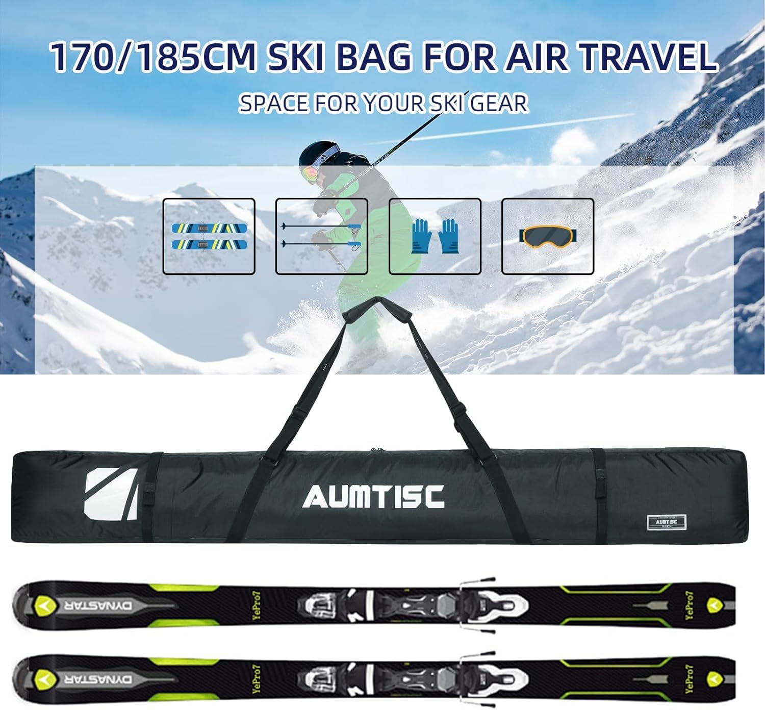 AUMTISC Ski Kit Bags Sac de Sport d'hiver de Voyage Unique Rembourré pour Transporter Les Skis Poche pour équipement avec poignée réglable
