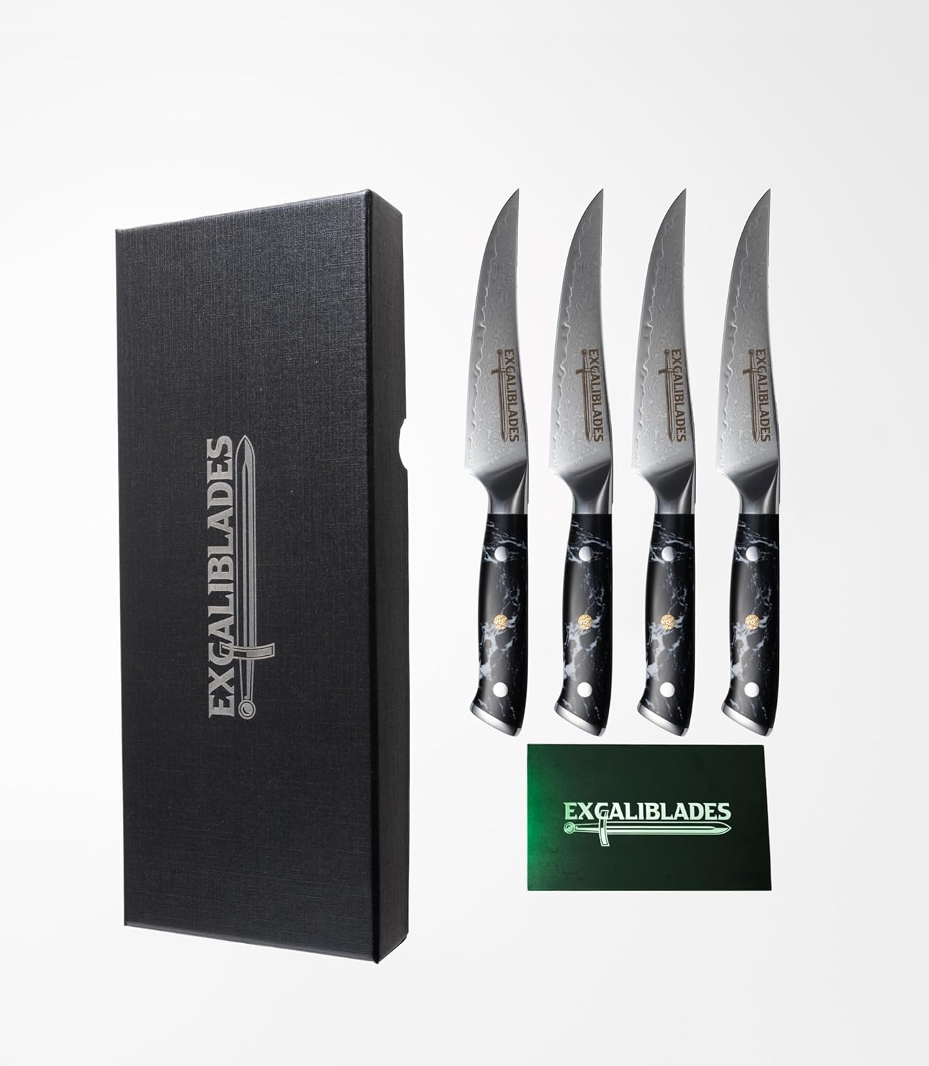 4-Piece Steak Knife Set – VG-10 Core 67-Layer Damascus Stainless Steel, Full Tang, Stone Black-Turquoise G10 Handles, Black Wooden Gift Box – Luxury Dining Gift Set