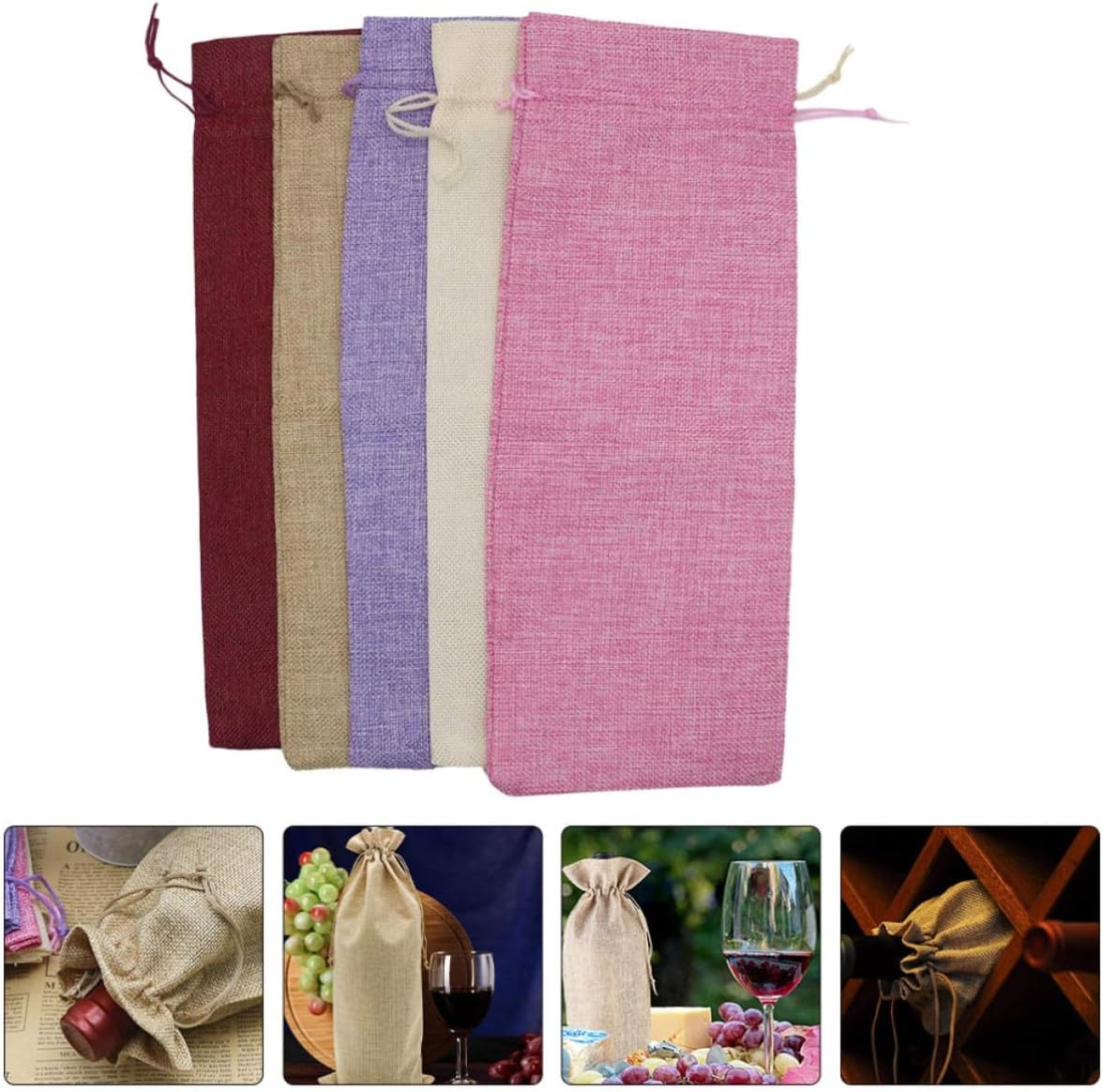 Amosfun 10pcs Wine Drawstring Bags Cotton Imitation Linen Bottle Cover | Reusable Storage, Protects Bottles, Parties Festivals Christmas Thanksgiving New Year