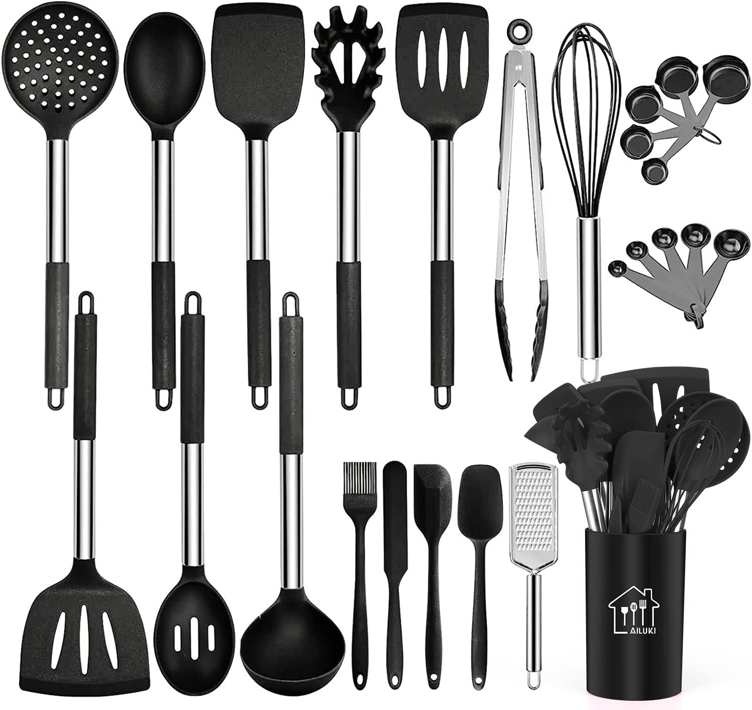 Silicone Cooking Utensil Set,Kitchen Utensils 26 Pcs Cooking Utensils Set,Non-stick Heat Resistant Silicone,Cookware with Stainless Steel Handle (Sable)