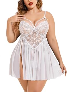 Plus Size Lingerie Lace Babydoll Womens Strap Chemise Nightgown V Neck Nighty Mesh Sleepwear Side Slit Nightdress