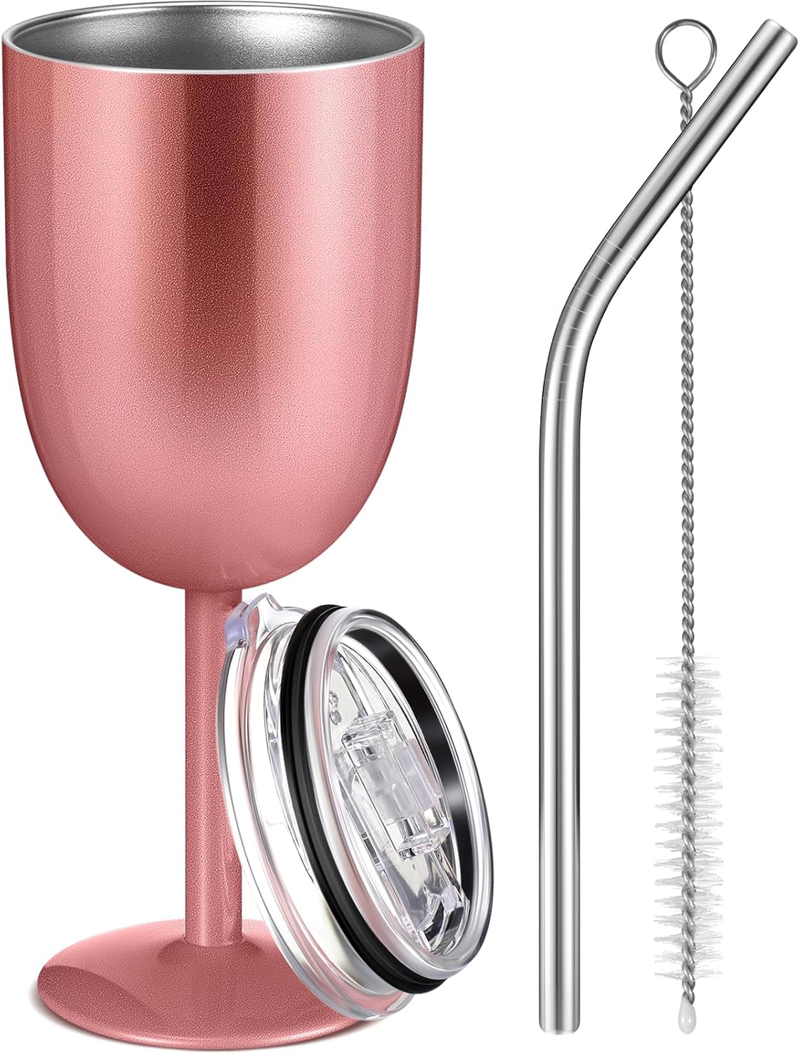 1 Pc Insulated Wine Tumbler with Lid Straw Brush 10oz Stainless Steel Glasses Cups Double Walled Vacuum Insulated Wine Tumbler for Christmas Women Men Holiday Birthday Gifts (Rose Gold)