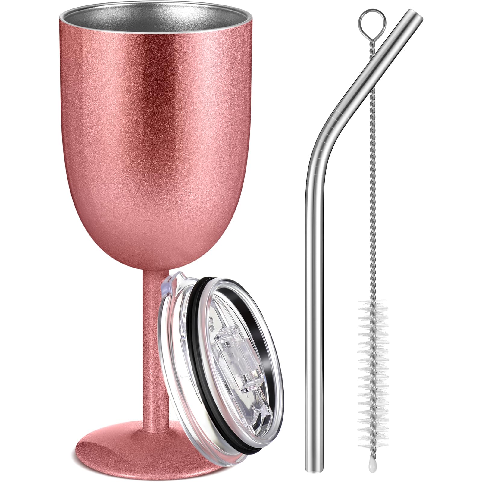 1 Pc Insulated Wine Tumbler with Lid Straw Brush 10oz Stainless Steel Glasses Cups Double Walled Vacuum Insulated Wine Tumbler for Christmas Women Men Holiday Birthday Gifts (Rose Gold)