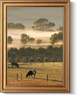 Vintage Gold Framed Wall Art Decor Retro Two cows a paddock fog Australia Canvas Paintings Picture Poster Prints for Bathroom Living Room Bedroom Kitchen Artwork