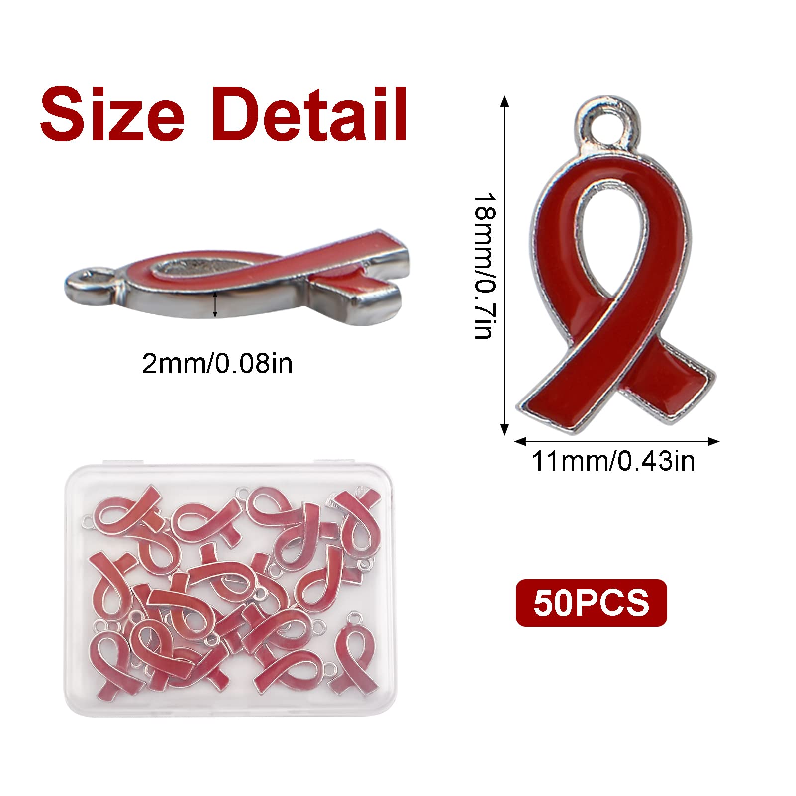 100 Ciondoli A Nastro Rosso In Lega - Per Sensibilizzazione HIV/AIDS, Malattie Cardiache, Prevenzione Droga - Creazione Gioielli - Foto 10