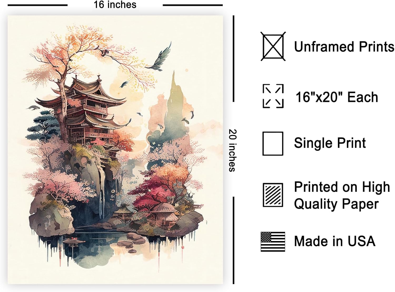 Poster Master Japanese Temple Poster - Japanese Pagoda Print - Watercolor Art - Chic Gift for Men, Women, Travel Lover - Landscape Decor for Home, Office, Bedroom, Lake House - 16x20 UNFRAMED Wall Art