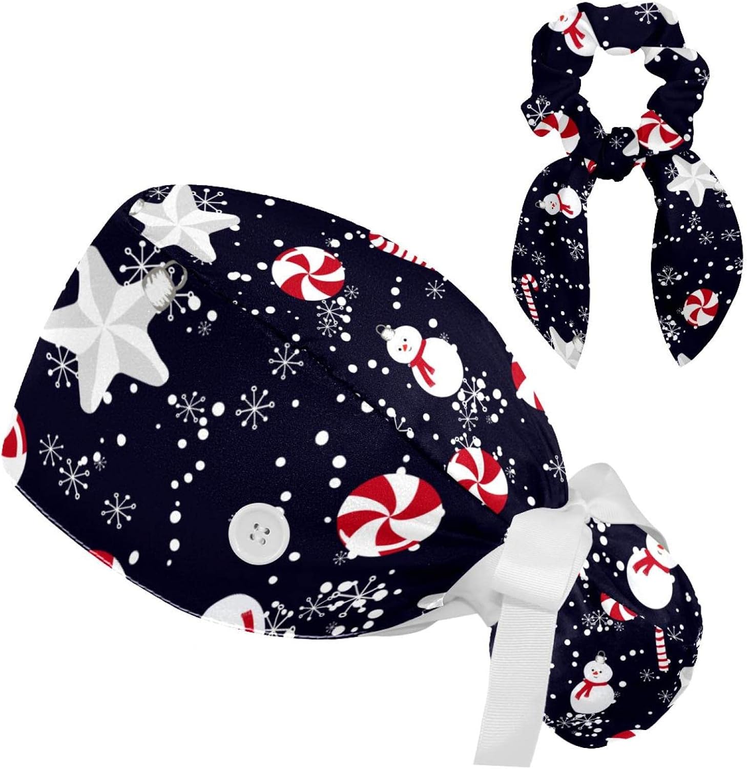Bouffant Scrub Turban Caps - 2 PCS Tie Back Hats With Sweatband & Button, Cats With Glasses Print - View #3