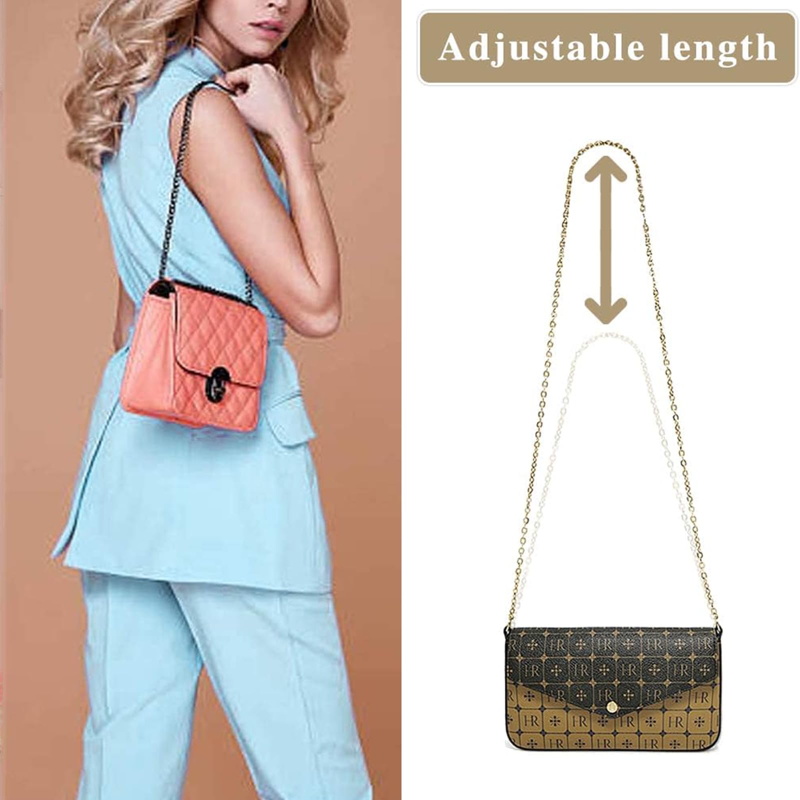 8 Piezas Cadena para Bolso, DIY Cadenas para Bolsos, 120 cm con 16 anillas en D para bolso bandolera, Cartera(oro/plata/bronce/color arma)