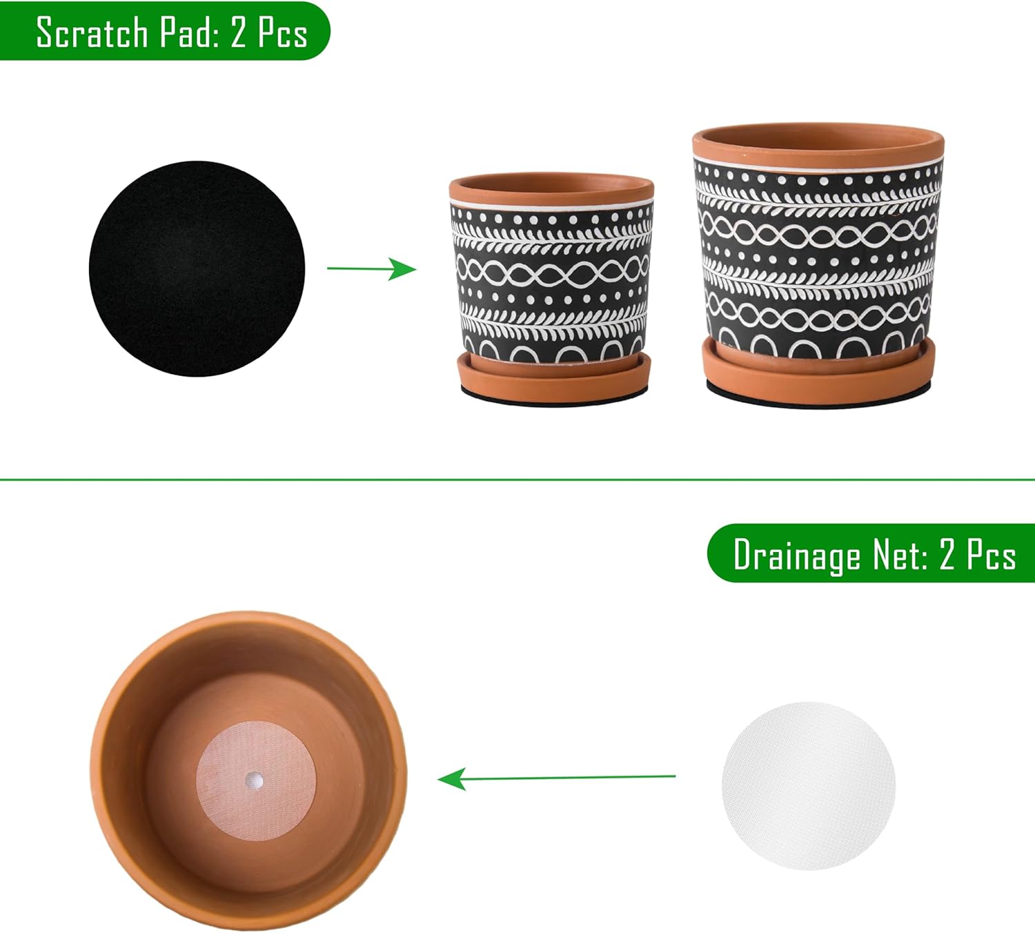D'vine Dev Set of 2 Terracotta Pots, 4 Inch & 6 Inch, Planter Pots for Plants with Drainage Holes and Saucers, Terracotta/Black, 31-958-D-2