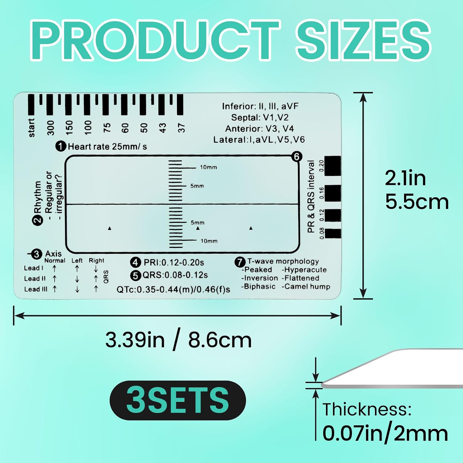 3pcs Transparent EKG Caliper, Plastic ECG 7 Step Rulers, Portable Electrocardiogram Card Assessment Tool Heartbeat Measuring Apparatus for Doctors Nurses Interpretation
