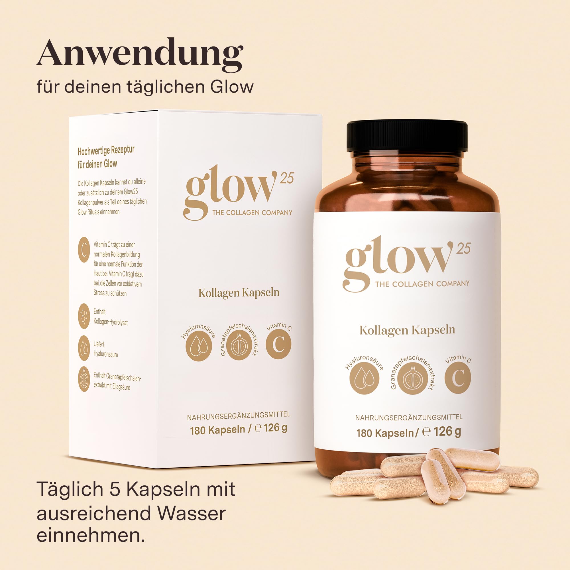 Glow25® Kollagen Kapseln hochdosiert [180 Kapseln x 3] mit Hyaluronsäure und Vitamin C | Premium Collagen Complex für eine schöne Haut | Ohne Zusatzstoffe | Laborgeprüft | Made in Germany