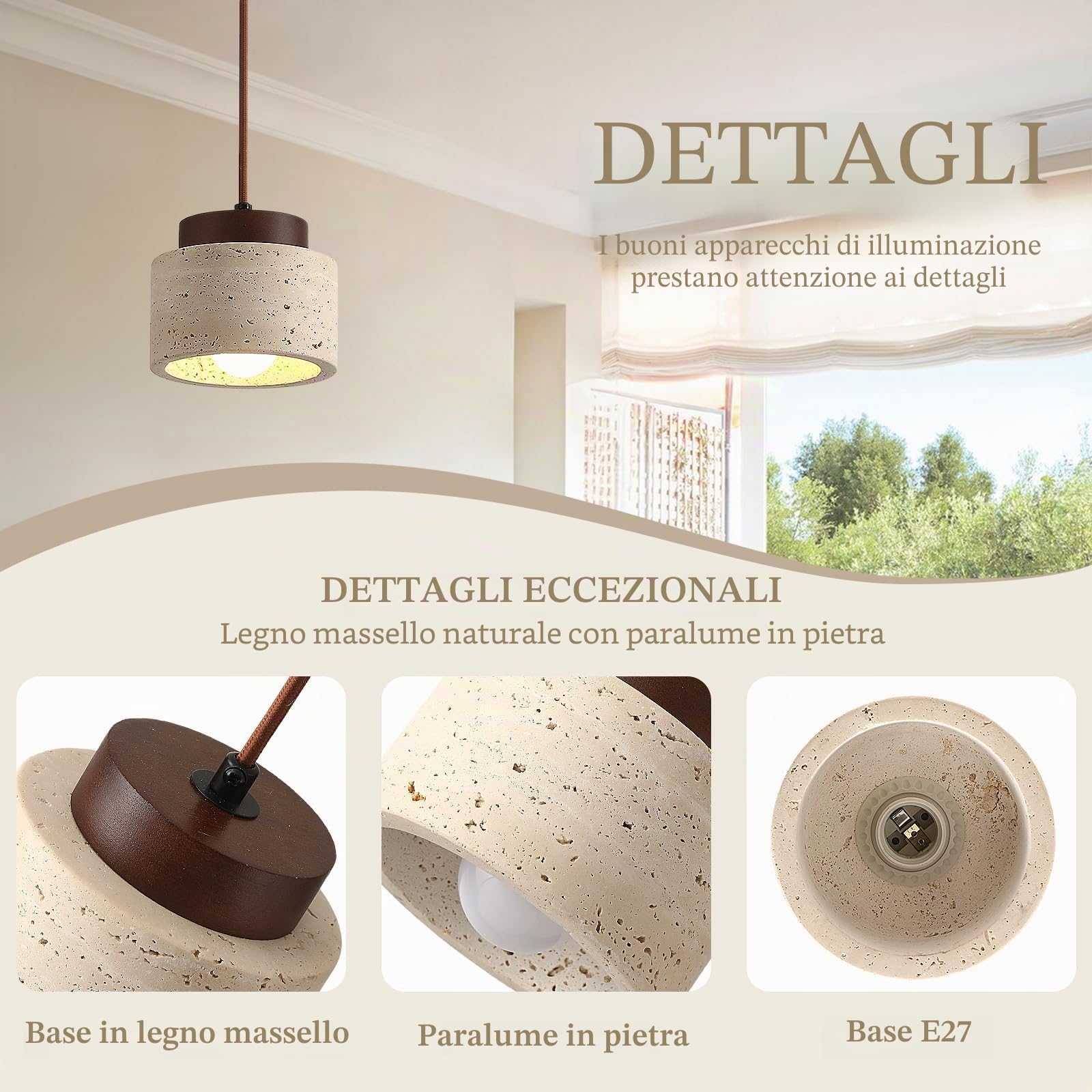 7W Lampadario Pietra Gialla Travertino Naturale Lampadari Giapponese Wabi Sabi Lampadario Decorativo Altezza Regolabile Lampada Moderno per Camera da Letto Sala da Pranzo Soggiorno Ingresso 12*10cm