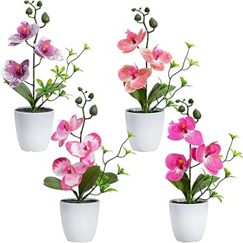 XONOR 4Pcs Artificial Orchid Flowers Mini Potted Orchid Flowers Fake Orchids with Plastic Vase for Home Office Wedding Table Centerpiece Decoration Purple&Red