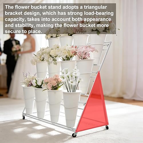 Miniatura 7 de Soporte de exhibición de flores de 3 niveles con 12 cubos, carrito de plantas de flores de metal resistente con ruedas, barra de flores de gran