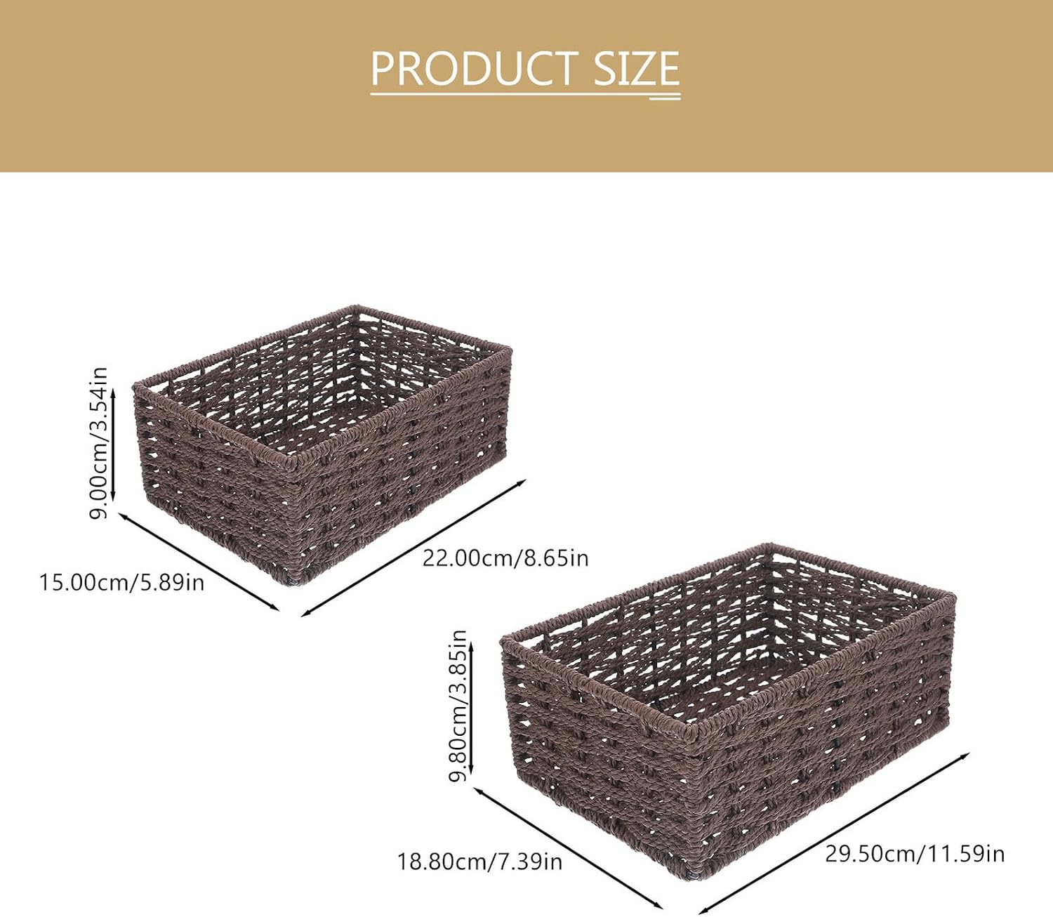 BESPORTBLE Woven Paper Rope Storage Baskets for Table, Small Medium Brown Desk Organizer Bins, Household Sundries Storage Set of 2