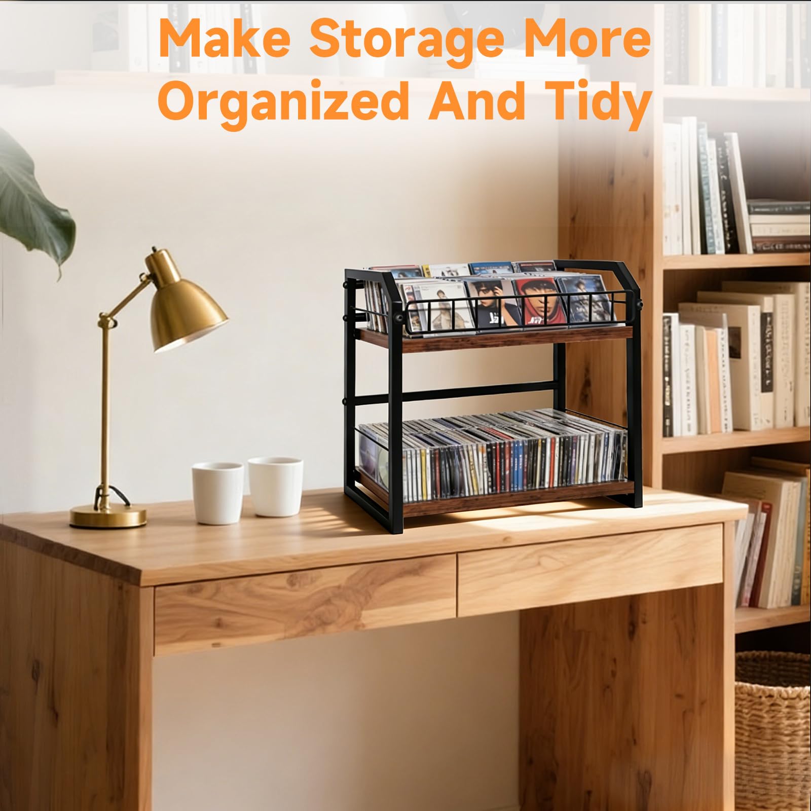 2-Tier CD Storage Rack & Tower, Vinyl Record & CD Holder with Display Shelf, Industrial Retro Wood & Iron Organizer for LPs, CDs, DVDs, Games, Magazines, Space-Saving Desktop CD Stand — view 6