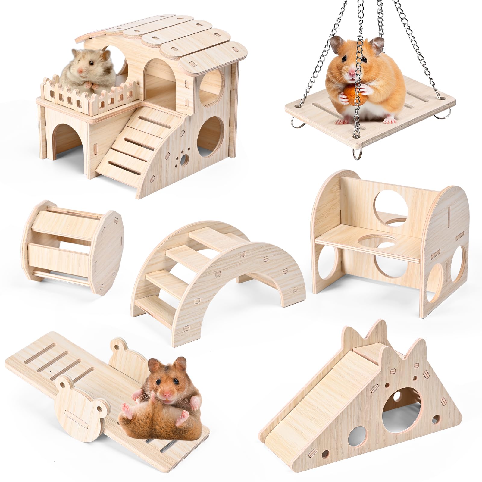 Hamster Toys 7pcs Wooden Hamster Cage Accessories Include Hamster Cage Hamster House,Ball,Seesaw Bridge Hamster Hideout Hamster Swing and Exercise Toys for Hamster,Guinea Pig and Other Small Animals