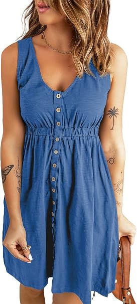 BLENCOT Casual Summer Dresses for Women V Neck Sleeveless Button Down Swing Short Dress Blue S