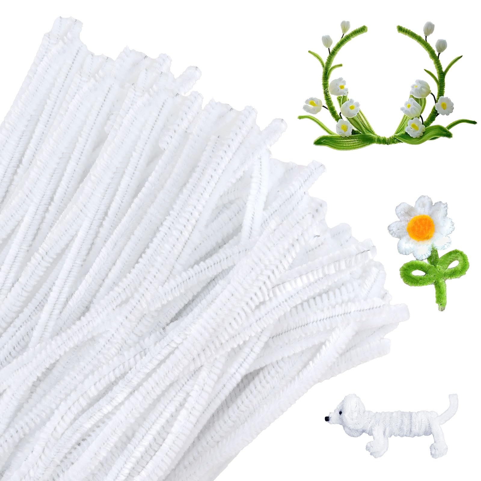 Pipe Cleaners for Craft, 100Pcs White Pipe Cleaners, DIY Chenille Stems, Fuzzy 30cm Long Pipe Cleaners Supplies for Christmas Tree Creative Handmade Decoration
