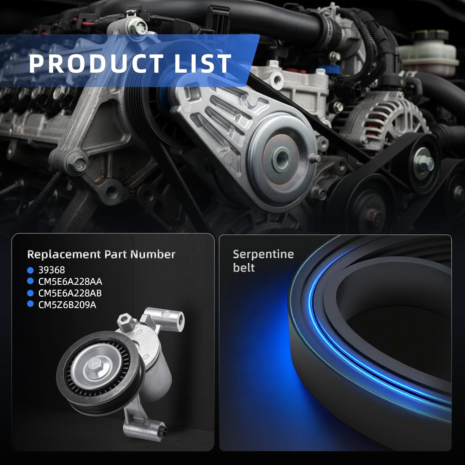 Belt Tensioner and Serpentine Belt Kit for Ford Focus L4 2.0L 2014-2018, for EcoSport L4 2.0L GAS 2018-2021, 39368, CM5E6A228AA, CM5E6A228AB, CM5Z6B209A