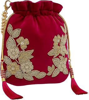 Amerie Fashions Velvet Potli Bag with Golden & Silver Beaded Flower Embroidery - Handcrafted Ethnic Drawstring Bag for Wed... Price In India