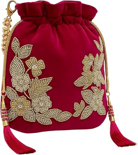 Amerie Fashions Velvet Potli Bag with Golden & Silver Beaded Flower Embroidery - Handcrafted Ethnic Drawstring Bag for Wed...