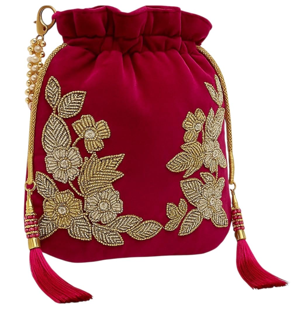 Amerie Fashions Velvet Potli Bag with Golden & Silver Beaded Flower Embroidery - Handcrafted Ethnic Drawstring Bag for Wed... - Review, Price and Buying Guide