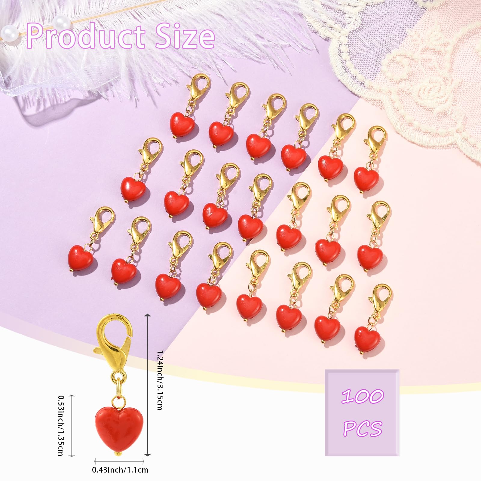 100 ciondoli a clip per borse a forma di cuore rosso, per la creazione di gioielli, per San Valentino, amore, in acrilico, con chiusura a moschettone, ciondoli per borse, portachiavi