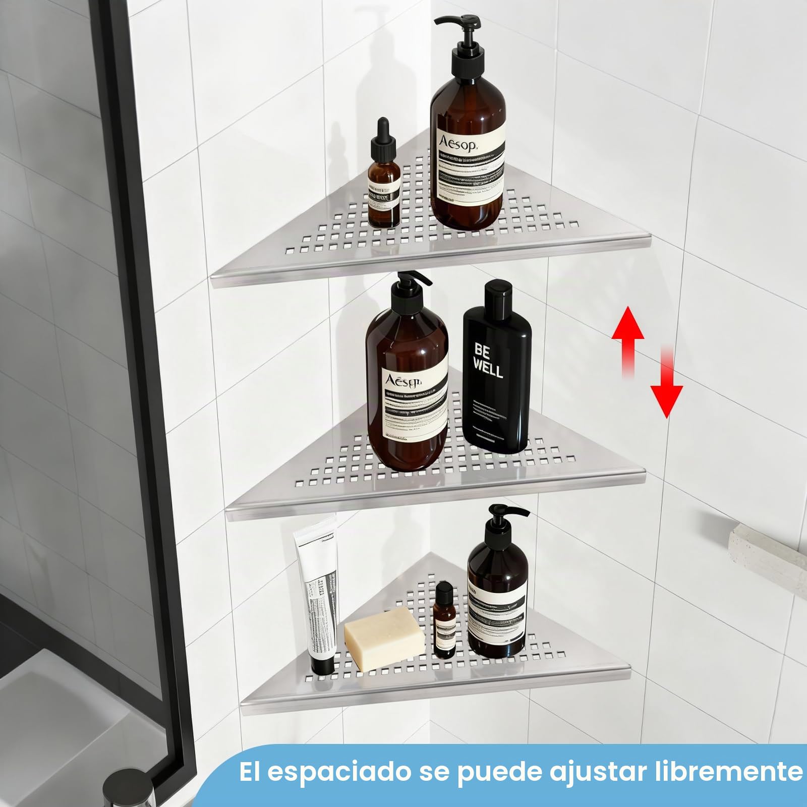 3 Piezas Estante de Esquina para Ducha de Acero Inoxidable 304 Estante de Esquina de baño sin taladrar, Repisa de Ducha con diseño de Rejilla (Acabado Cepillado Integrado, 254 mm x 254 mm)