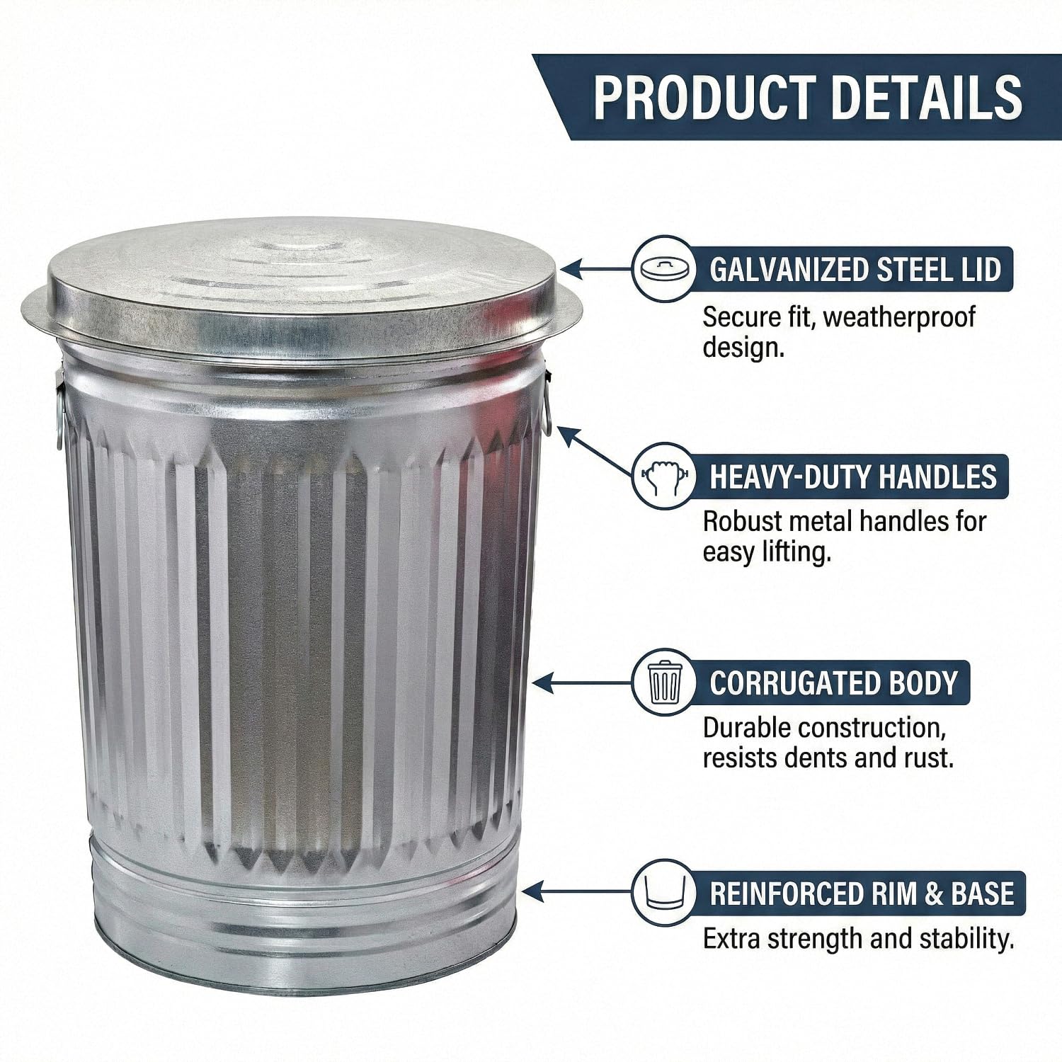 31 Gallon Galvanized Steel Trash Can with Lid – Heavy Duty Metal Outdoor Garbage Bin & Utility Container for Yard Waste, Pet Food, Charcoal Storage – Weather Resistant, Rust Proof Design with