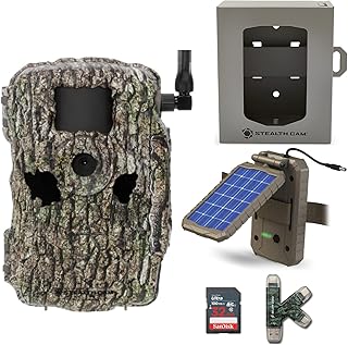 Stealth Cam Fusion X 26MP Dual Carrier Hunting Trail Camera (AT&T and Verizon) (Treebark Camo) Bundle with Solar Power Panel, Bear Security Box (Small), Card Reader and 32GB Memory Card (5 Items)