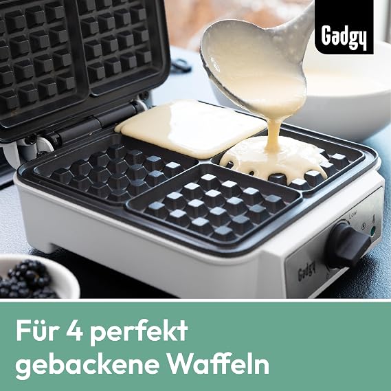 Gadgy Double Waffle Iron 1200 W for 4 Belgian Waffles White Four golden brown pieces in under 5 minutes - non-stick coating cool touch handle and vertical storage