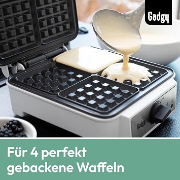 Gadgy Double Waffle Iron 1200 W for 4 Belgian Waffles White Four golden brown pieces in under 5 minutes - non-stick coating cool touch handle and vertical storage