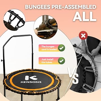 K KENSONE 40/48 Foldable Rebounder Trampoline for Adults with Bungee, 450/550 LBS Quiet Indoor Mini Trampoline for Adults Fitness, Gym Workout, Home Exercise