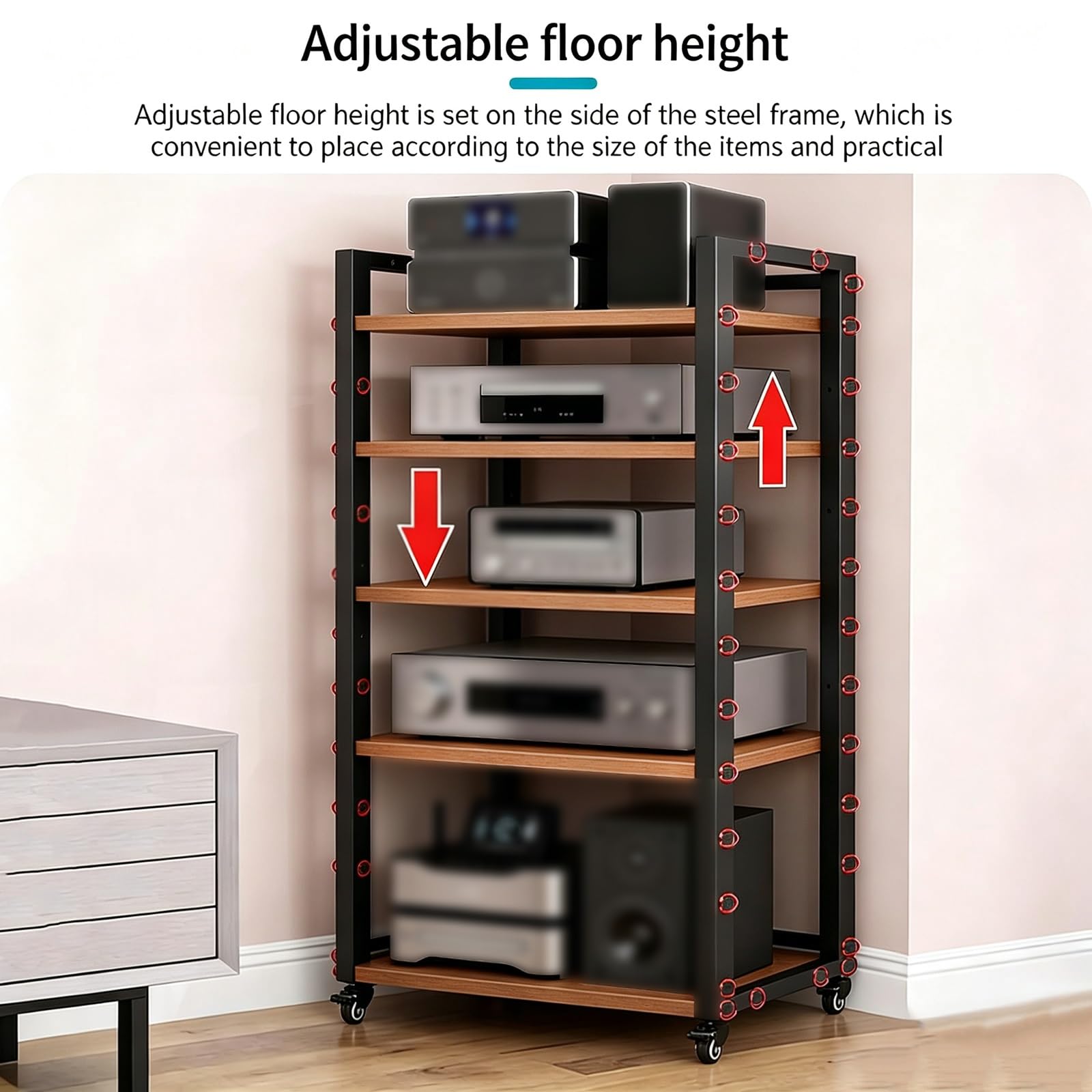 Rack audio video,Mensola AV HiFi regolabile a 5 livelli, unità elettronica | Rack Audio In Acciaio Robusto con ruote universali Per Amplificatori, Ricevitori E Componenti Home Cinema